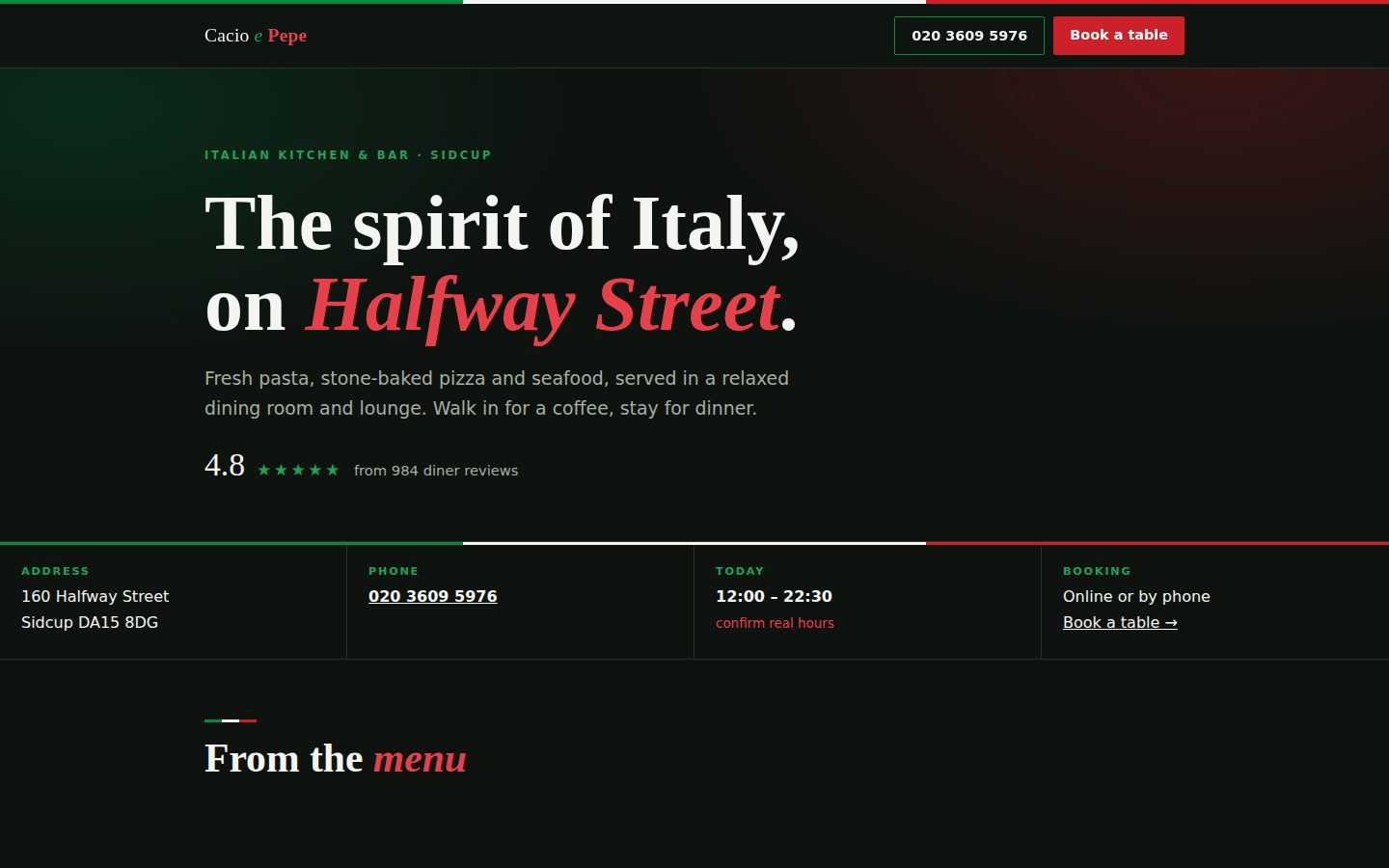 Website design concept for Cacio e Pepe, an Italian restaurant in Sidcup